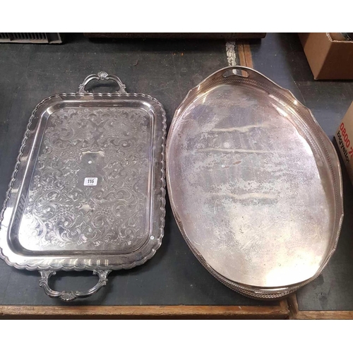 116 - 2 LARGE SILVER PLATED SERVING TRAYS - 1 WITH HANDLES & 1 WITH RAISED GALLERY