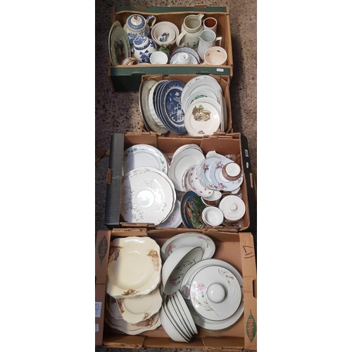 117 - 4 CARTONS OF MIXED & ODD PLATES INCL: TEA POTS, MEAKIN SUNSHINE & BLUE & WHITE