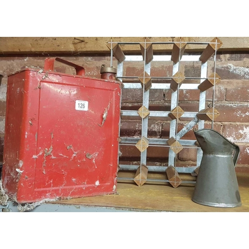 126 - RED 5 GALLON PETROL CAN, A 12 BOTTLE METAL & WOOD WINE RACK, A 1 PINT OIL CAN