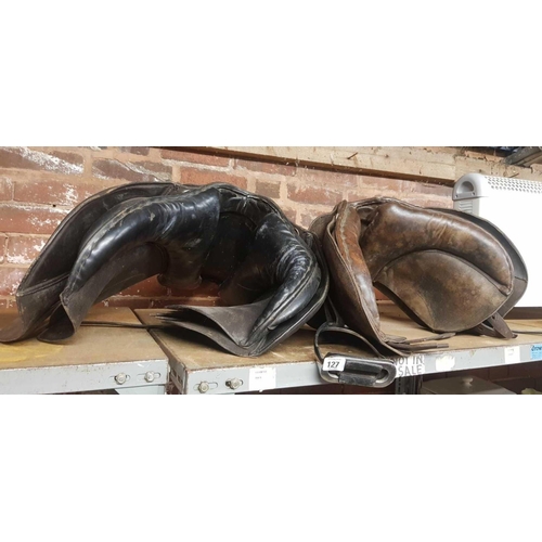 127 - 1 BLACK & 1 BROWN HORSE SADDLES, 1 WITH STIRRUPS