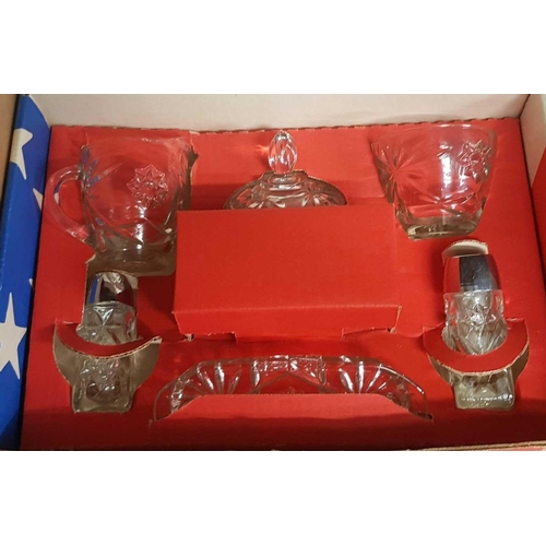 129 - CARTON WITH MIXED CHINA & PLATED ITEMS INCL: FIGURINE BY REGAL & A BOXED GLASS TABLE SET