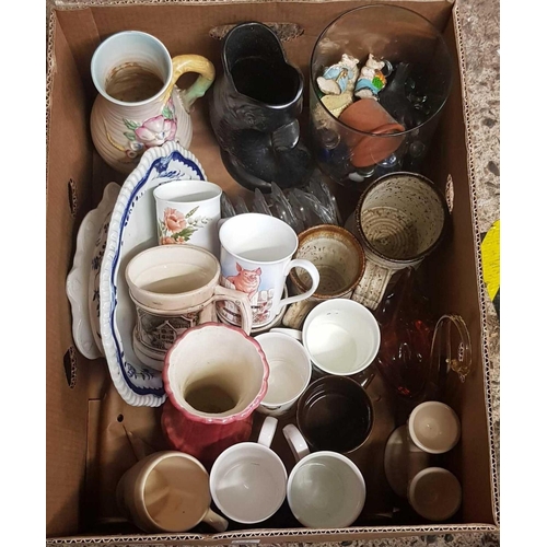 130 - CARTON WITH PINK CHINA VASE, COFFEE MUGS, BLACK DARTMOUTH GURGLE JUG & GLASS VASE WITH GLASS BUTTON ... 