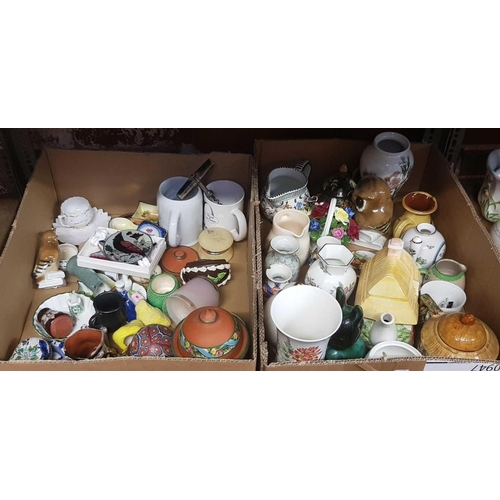 132 - 2 CARTONS OF MIXED CHINAWARE INCL: A COTTAGE TEA POT, VASES, JUGS, MUGS & BIRD FIGURES