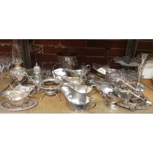 133 - SHELF WITH QTY OF PLATED WARE INCL: ICE BUCKETS, 3 BRANCH CANDELABRA, SAUCE BOATS & TRAYS