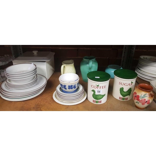 136 - 2 SHELVES OF MIXED CHINAWARE WITH JUGS,BOWLS, JARDINIERE'S, WOODEN CAT & 2 COFFEE & SUGAR CONTAINERS