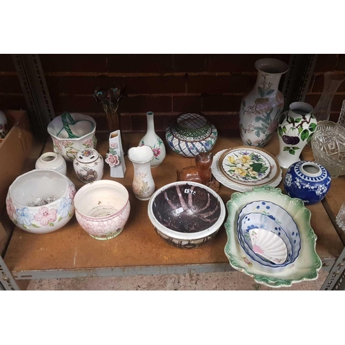 136 - 2 SHELVES OF MIXED CHINAWARE WITH JUGS,BOWLS, JARDINIERE'S, WOODEN CAT & 2 COFFEE & SUGAR CONTAINERS