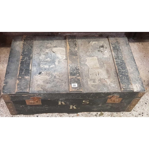 139 - WOODEN TRAVEL TRUNK OR TOOL CHEST WITH SIDE HANDLES