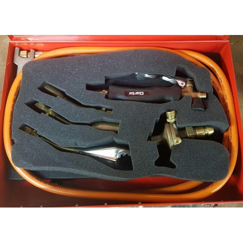 140 - PAIR OF 18'' BOLT CUTTERS, GREEN FIBRE TOOL BOX WITH VARIOUS TOOLS, CASED PROFESSIONAL GAS TORCH KIT