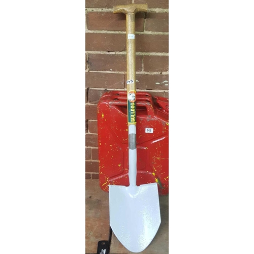 143 - RED PAINTED METAL MILITARY JERRY CAN MARKED 1967 & A MILITARY BULLDOG SHOVEL WITH WOOD HANDLE