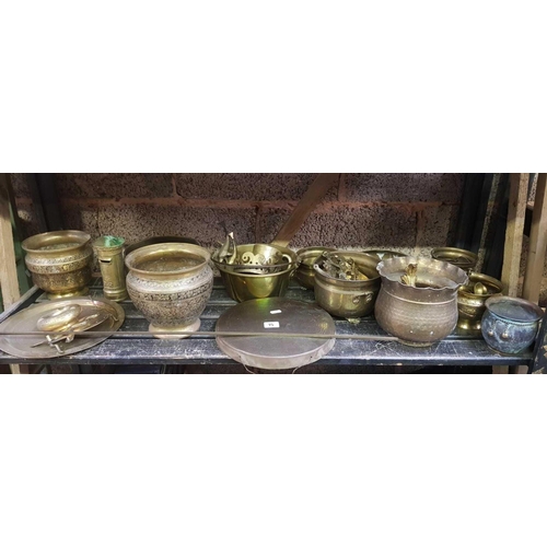 15 - SHELF WITH QTY OF BRASS WARE INCL: VASES, A GONG & BRASS ORNAMENTS