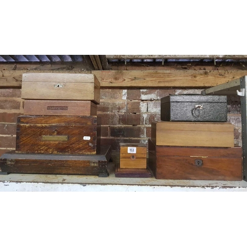 153 - QTY OF WOODEN STORAGE BOXES INCL: A WRITING SLOPE, CUTLERY BOX & 1 WITH CARVED LID SAYING ''CIGARETT... 