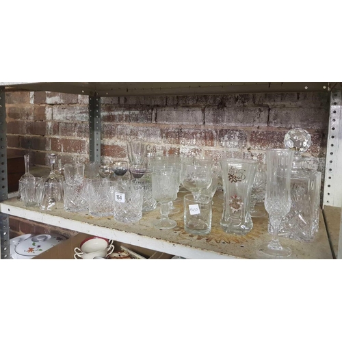 154 - SHELF OF MIXED GLASSWARE INCL: DECANTER, WHISKY, WINE & BRANDY GLASSES & GLASS TABLE BELLS