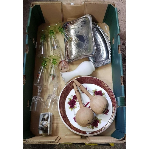 156A - CARTON WITH SOUVENIR SHERRY GLASSES, PAIR OF CUBAN MARACA'S & OTHER ODD PLATES