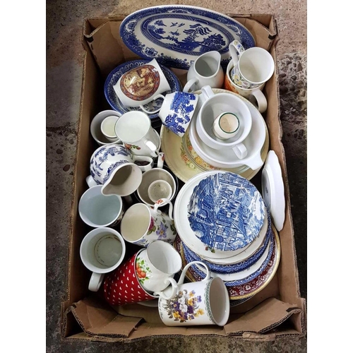 156 - CARTON OF MIXED CHINAWARE, MUGS, CUPS, JUGS, PLATES, SAUCERS