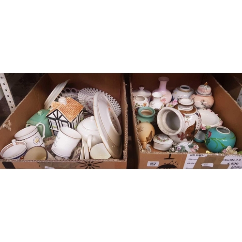 157 - 2 CARTONS OF MIXED CHINAWARE, SALT JARS, VASES, PLATES, SEA SHELLS & CERAMIC POSIES