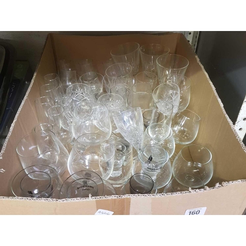 160 - CARTON OF GLASSWARE INCL, WINE GLASSES, SHERRY & OTHERS