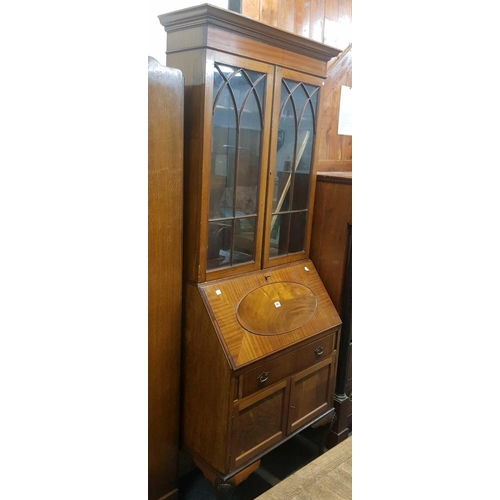 184 - MAHOGANY GLAZED BUREAU BOOKCASE ON BALL & CLAW FEET