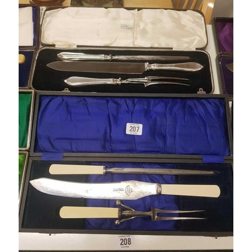 207 - 4 BOXED MEAT CARVING SETS & 2 BOXED FISH SERVERS - 1 SET OF MEAT CARVERS & FISH SERVERS ARE SILVER M... 