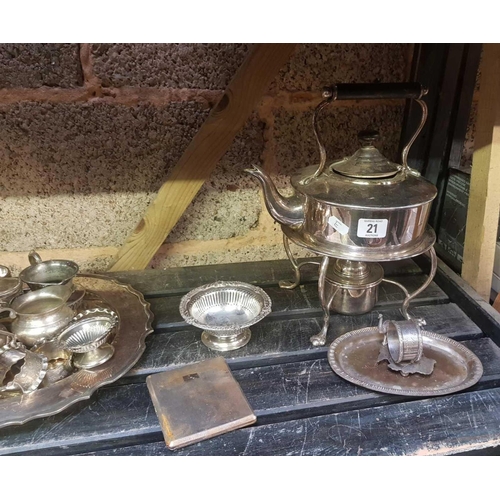 21 - SHELF OF PLATEDWARE INCL: COFFEE POT, SPIRIT KETTLE & STAND, NAPKIN RINGS & SMALL DISHES