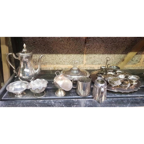 21 - SHELF OF PLATEDWARE INCL: COFFEE POT, SPIRIT KETTLE & STAND, NAPKIN RINGS & SMALL DISHES