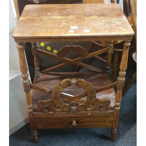 218 - 2 WHITE DINING CHAIRS - 1 RAFFIA SEATED & 1 CANE SEATED, AN OAK HALL STAND & WHITE BOOKCASE