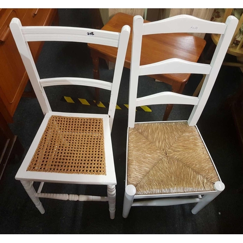 218 - 2 WHITE DINING CHAIRS - 1 RAFFIA SEATED & 1 CANE SEATED, AN OAK HALL STAND & WHITE BOOKCASE