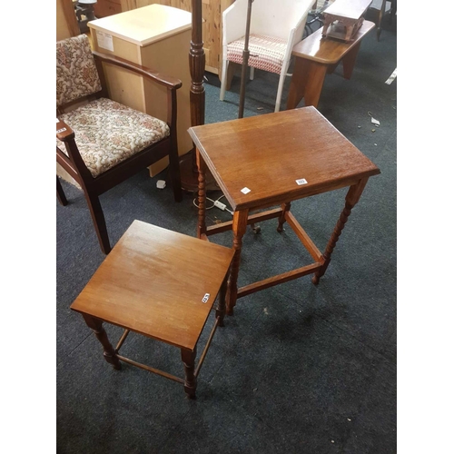 223 - OAK BARLEY TWIST LEG HALL TABLE WITH COMMODE CHAIR & 1 SMALL TABLE