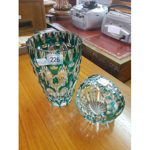 226 - A GREEN GLASS VASE & GLASS BASKET