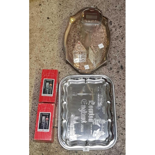 24 - 2 STAINLESS PLATED TRAYS & 2 CRYSTAL CANDLE HOLDERS