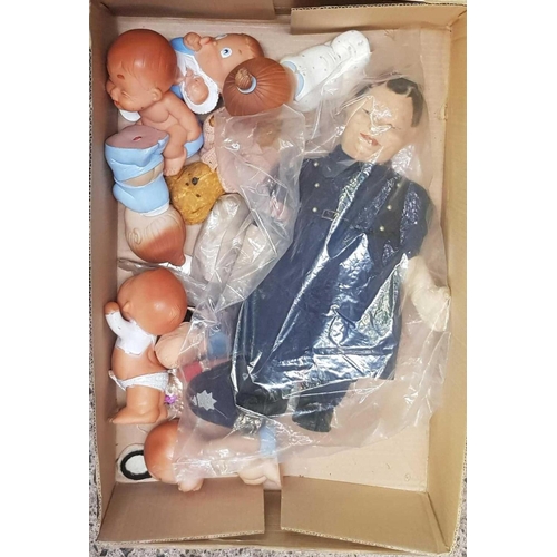 25 - CARTON OF SMALL SQUEAKY TOYS, TEDDY BEAR & POLICEMAN