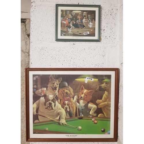 274 - A NOVELTY POOL TABLE CLOCK WITH SURROUNDING TRIANGLE & 2 NOVELTY F/G DOG PLAYING POOL PICTURES