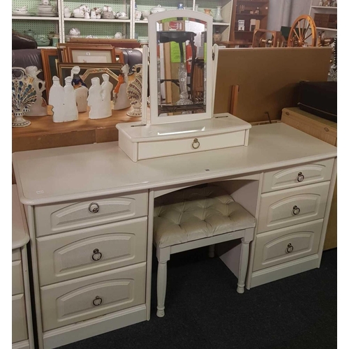 286 - WHITE DRESSING TABLE, A MATCHING CHEST OF BEDSIDE DRAWERS & STOOL