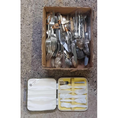 3 - SMALL CARTON OF STAINLESS STEEL CUTLERY & A CASED SET OF CAKE KNIVES