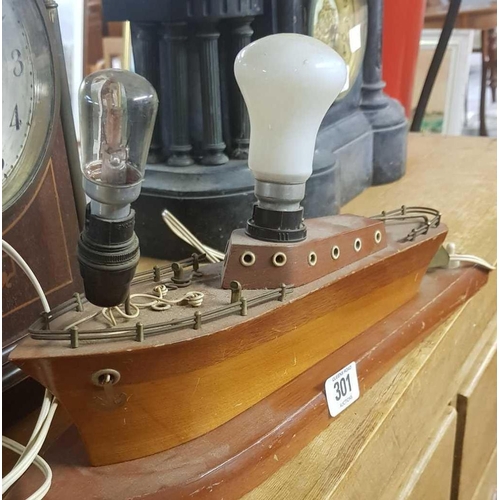 301 - ART DECO MODEL BOAT TABLE LAMP BUT THE SAIL'S ARE HEAT DAMAGED