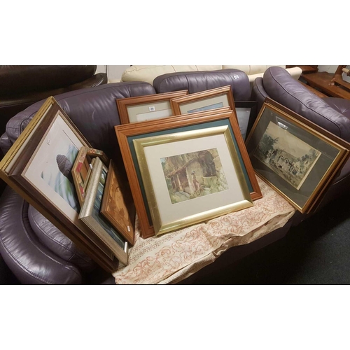 319 - LARGE QTY F/G PICTURES, A MIRROR & A MARQUETRY PICTURE