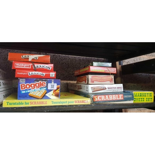 32 - SHELF OF VARIOUS BOXED GAMES INCL: THE DARTMOOR & BIRD TABLE GAME