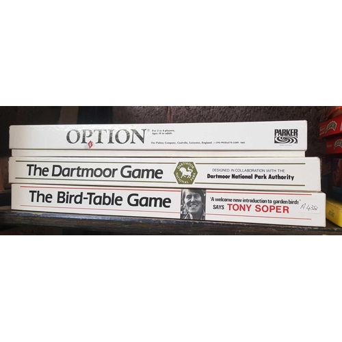 32 - SHELF OF VARIOUS BOXED GAMES INCL: THE DARTMOOR & BIRD TABLE GAME