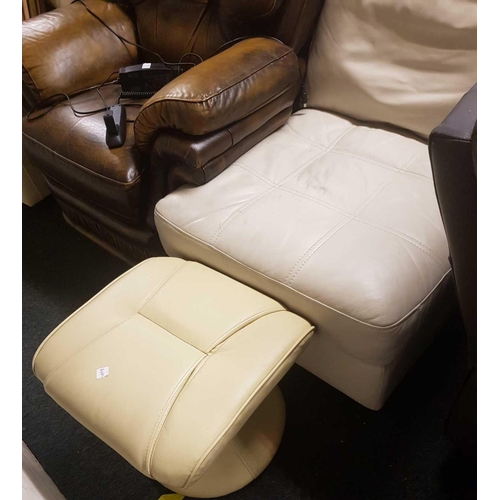 322 - RETRO CREAM COLOURED LEATHERETTE EASY CHAIR WITH FOOT REST (NOT MATCHING)