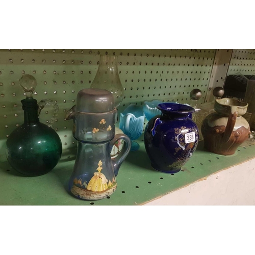 338 - SHELF OF GLASS, CHINA ITEMS & POTTERY