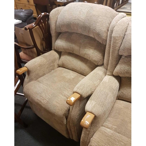 357 - BEIGE WOOD ARMED 2 SEATER SETTEE & MATCHING ARMCHAIR