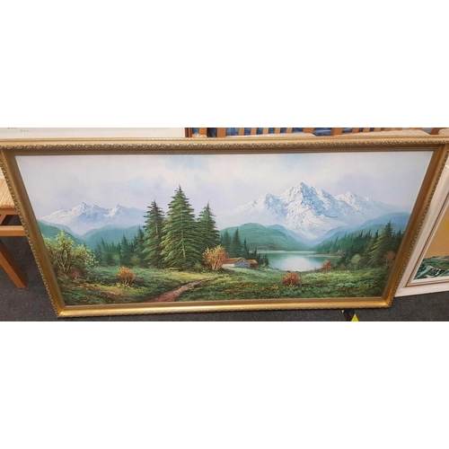 366 - GILT FRAMED OIL PAINTING OF A MOUNTAIN SCENE & A PANORAMIC FRAMED PAINTING OF TALL SHIPS GEORGE DEAK... 