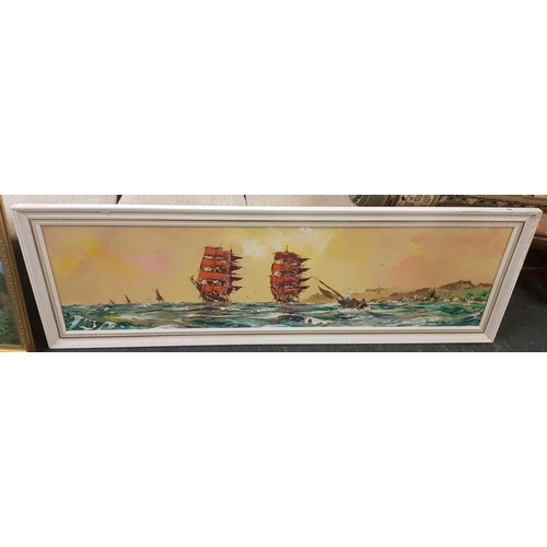 366 - GILT FRAMED OIL PAINTING OF A MOUNTAIN SCENE & A PANORAMIC FRAMED PAINTING OF TALL SHIPS GEORGE DEAK... 