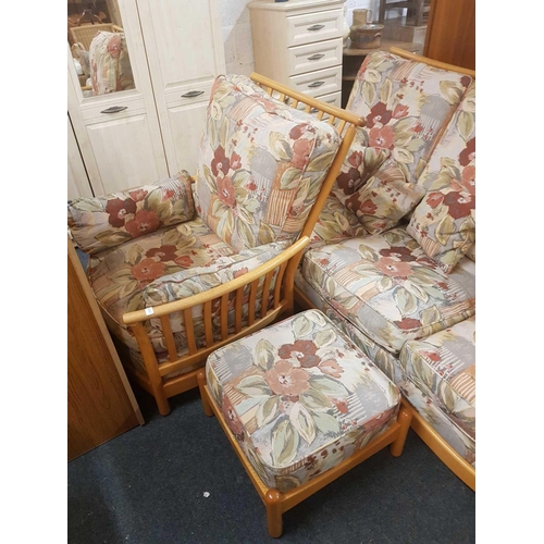 379 - ERCOL WINDSOR 3 SEATER SETTEE & MATCHING ARMCHAIR WITH FOOT STOOL