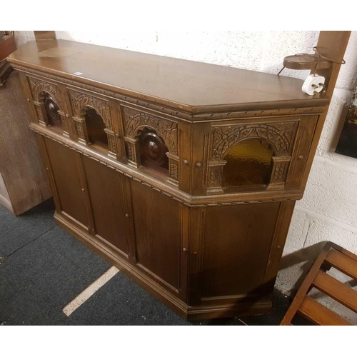 395 - OAK CARVED DRINKS BAR WITH OPEN BACK SHELF