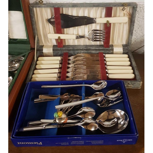 396 - 3 BOXED CUTLERY SET, (1 FISH KNIFE & FORK SET) & A CARDBOARD BOX OF CUTLERY