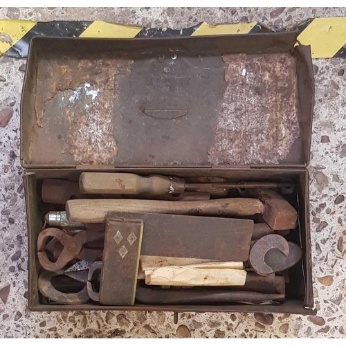 4 - SMALL BLACK TIN TOOL BOX WITH QTY OF OLD HAND TOOLS