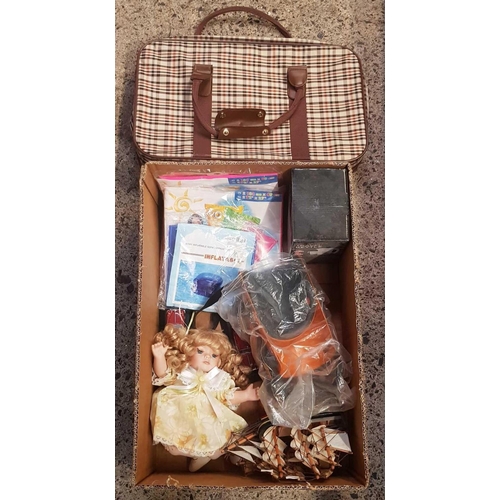 41 - CARTON WITH A DOLL, LILO'S, TRAVEL KETTLE, KNEE PADS, MODEL SHIP & PATTERNED TRAVEL BAG