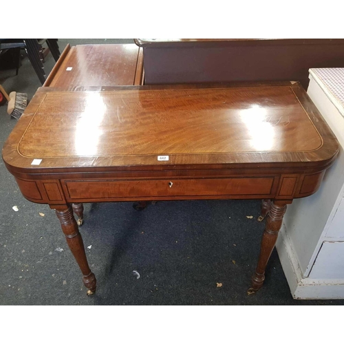 442 - INLAID MAHOGANY FLAT TOP HALL TABLE ON PILLAR LEGS & CASTERS