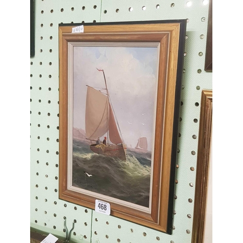 468 - 19TH CENTURY OIL PAINTING OF A SAILING VESSEL IN CHOPPY WATERS. INDISTINCTLY SIGNED