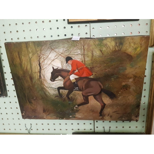 469 - OIL PAINTING ON CANVAS OF A HUNTSMAN ON HORSEBACK